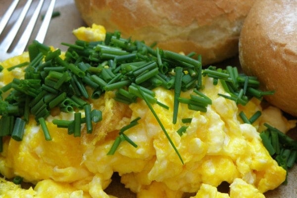 A plate of scrambled eggs garnished with chopped chives.