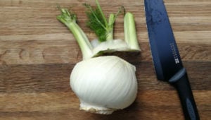 A knife next to a fennel with the top sliced off