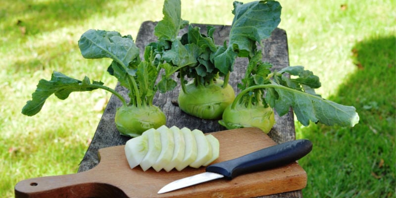 Kohlrabi chopped on a board