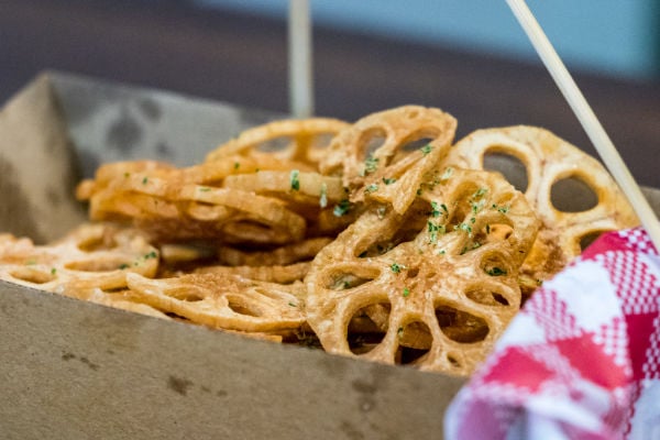 Lotus root chips in a takeaway box