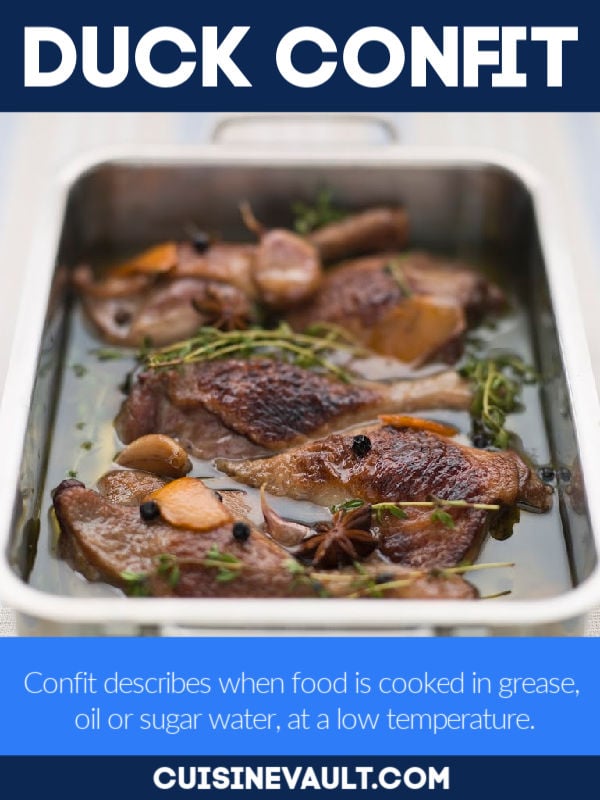 Duck confit in a pan with herbs.