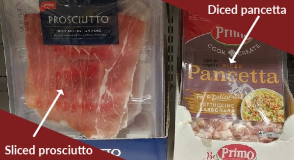 Pancetta and prosciutto on shelf