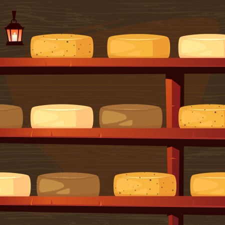 Aging cheese on shelves