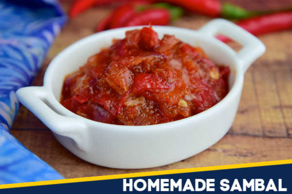 Homemade sambal in a white bowl