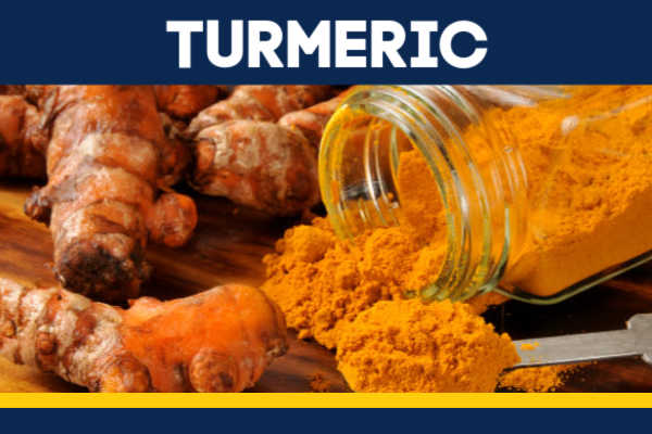 A jar of turmeric powder and a root.
