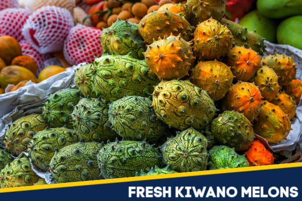 Fresh kiwano melons at a market