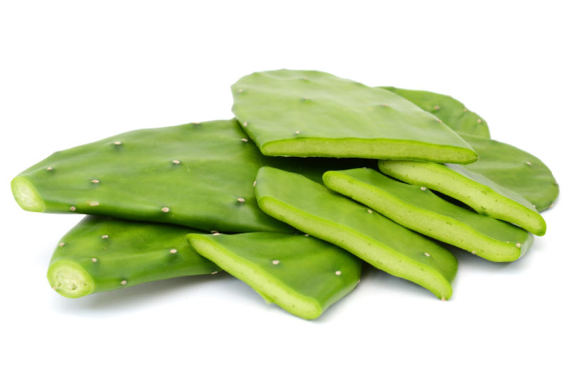 Freshly cut nopales on a white background