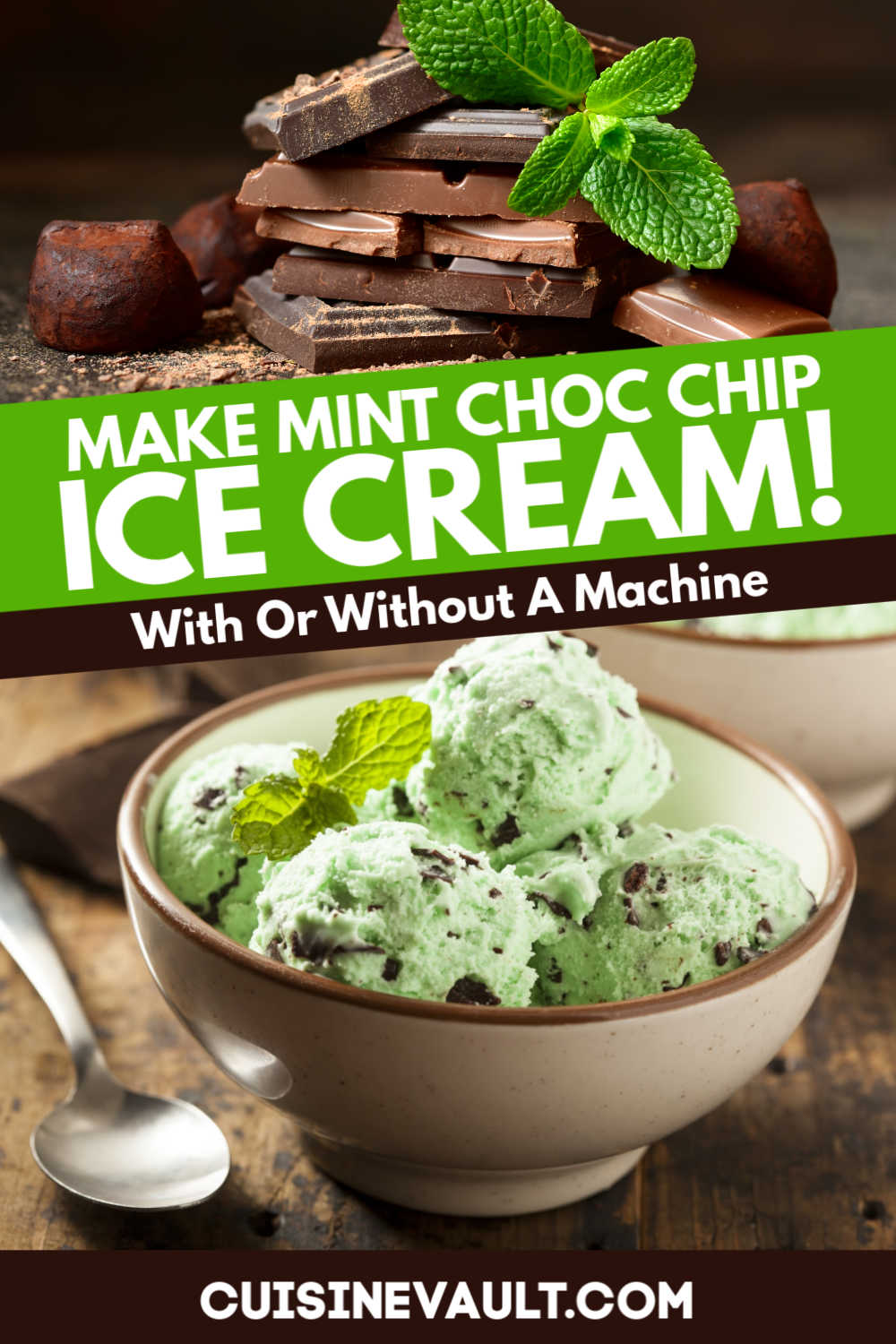 Mint choc chip ice cream in a bowl next to chocolate