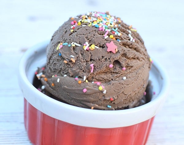 A bowl of chocolate ice cream covered in sprinkles