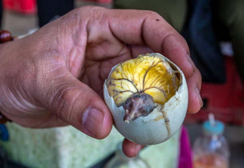 Holding a cracked open balut egg