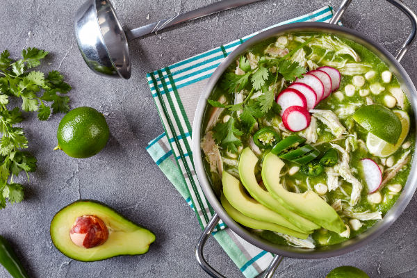 Chicken posole verde in a bowl