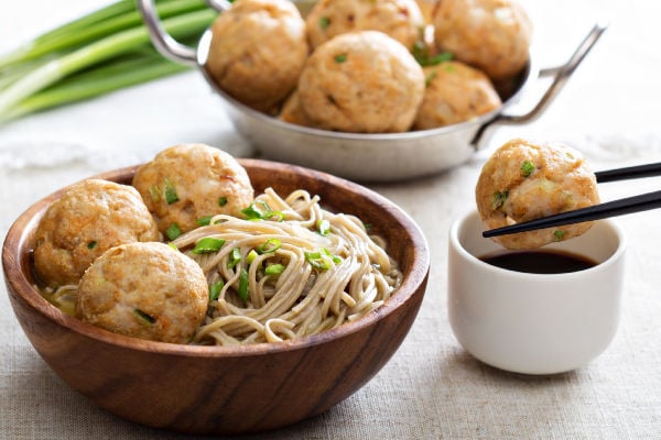 Soba noodles and meatballs.