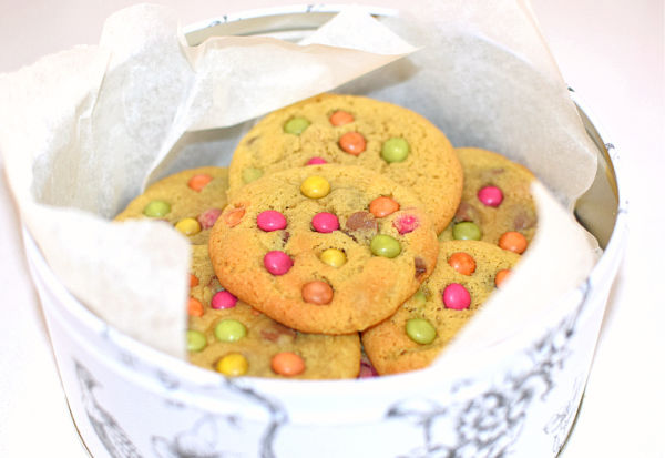 M&M cookies in a tin