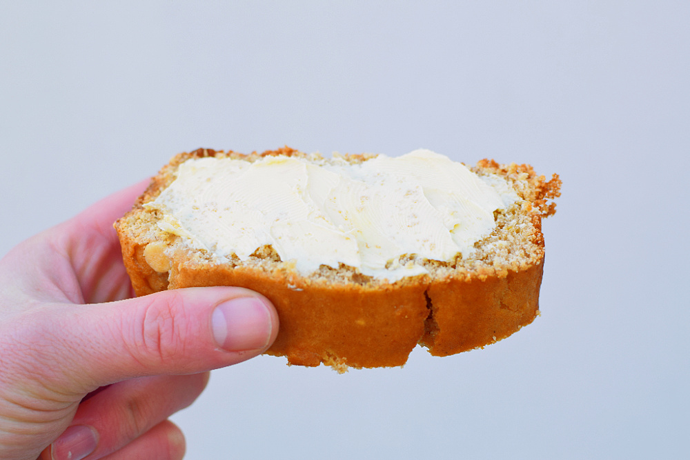 Holding a slice of banana bread