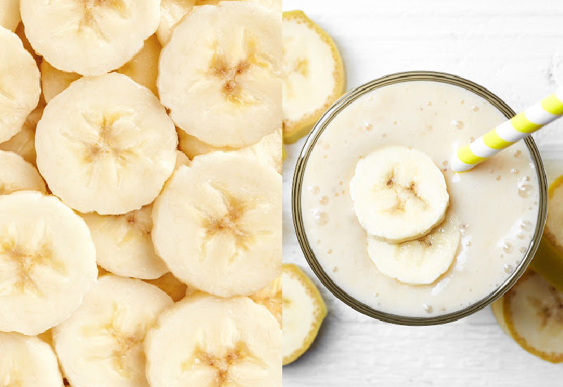 Sliced bananas and a smoothie in a glass