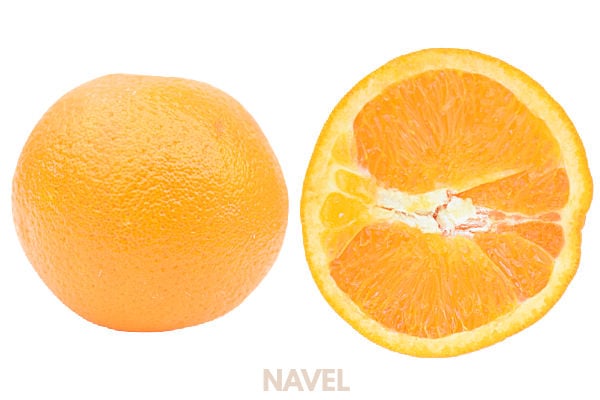 A whole navel orange and a sliced half