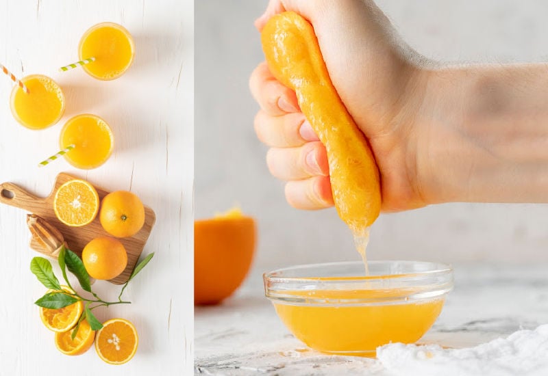 Squeezing orange juice into a bowl and fresh oranges