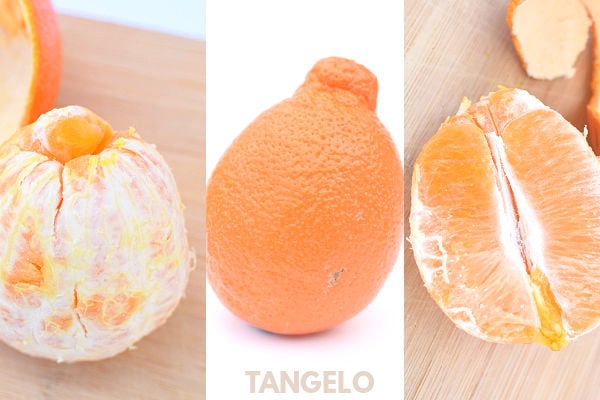 A peeled and unpeeled tangelo