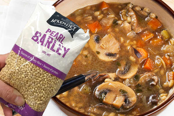 Pearl barley in a packet and a stew
