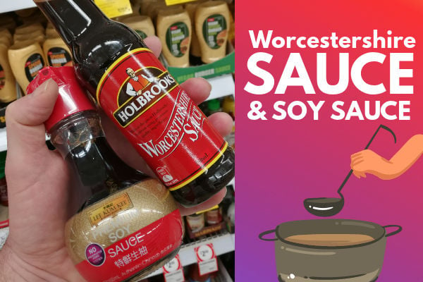 Holding bottles of soy and Worcestershire sauce.
