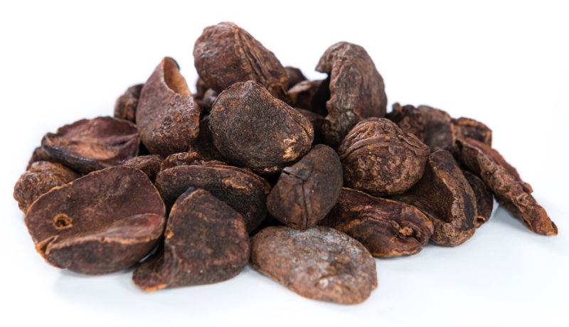 Whole dried Kola nuts on a white background