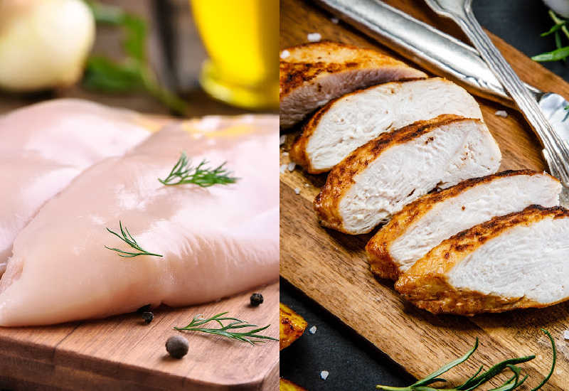Raw chicken breasts and cooked slices of chicken