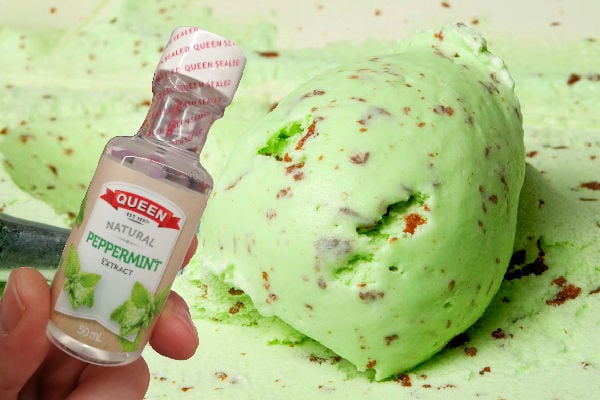 Holding peppermint extract next to mint ice cream