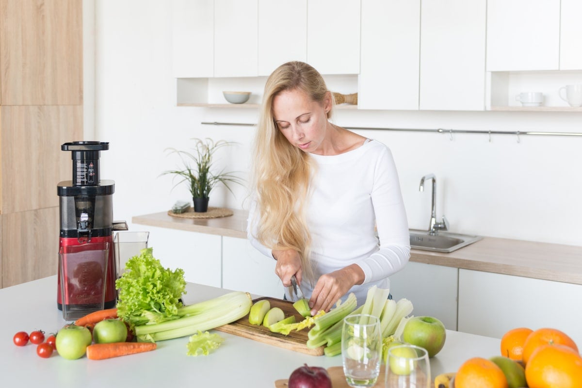 Woman Fruits Veggies Blender Juicer