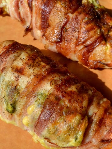 Freshly baked bacon-wrapped cream cheese chicken