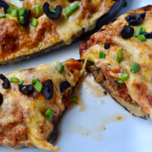 Sliced stuffed eggplant boats