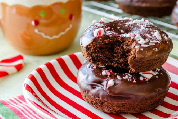 Devil's Food Donuts on a red and white paper plate