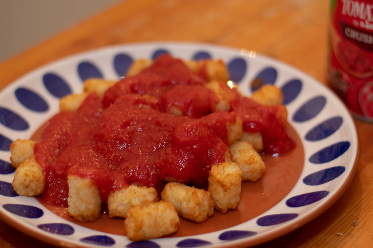 air fried tater tots with crushed tomatoes