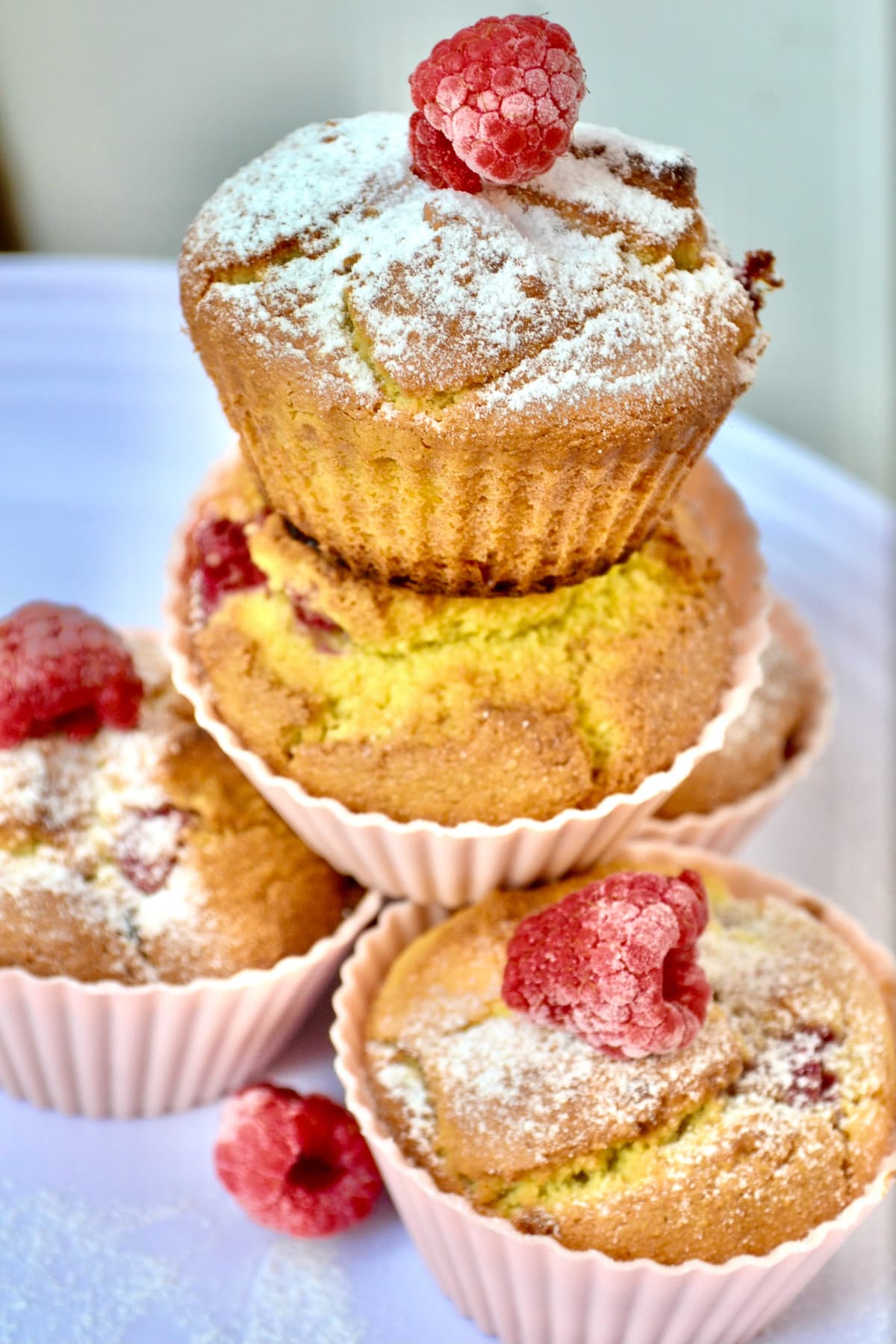 Keto raspberry muffins stacked