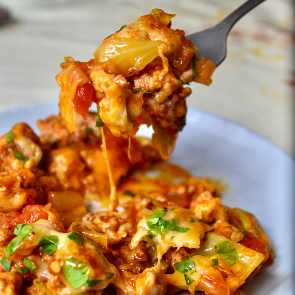 Keto Unstuffed Cabbage Rolls on a fork