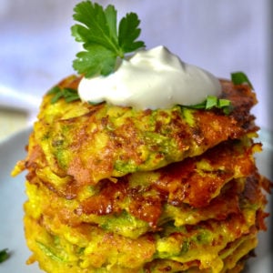 Keto zucchini fritters stacked