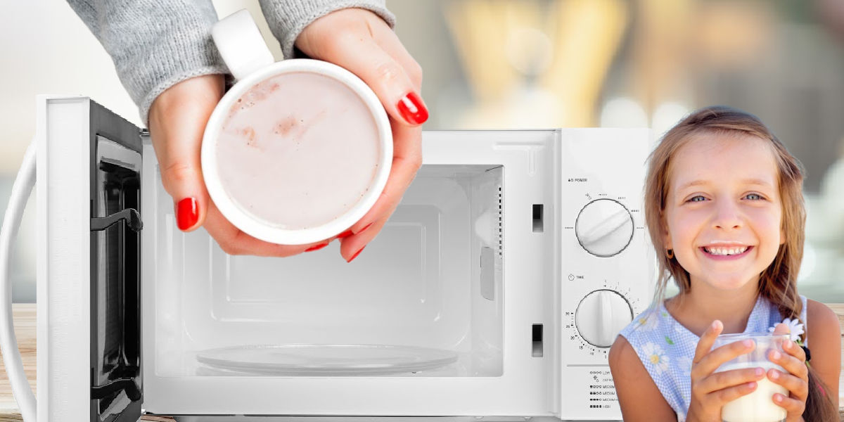 Holding milk next to a microwave