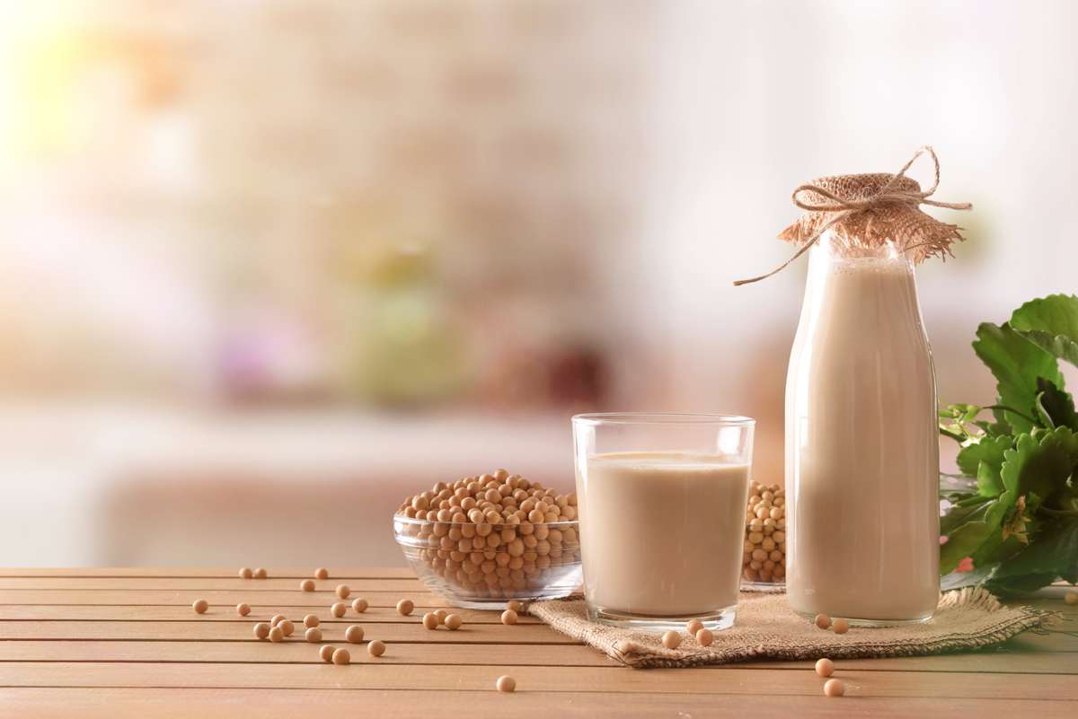 Soy milk on brown table