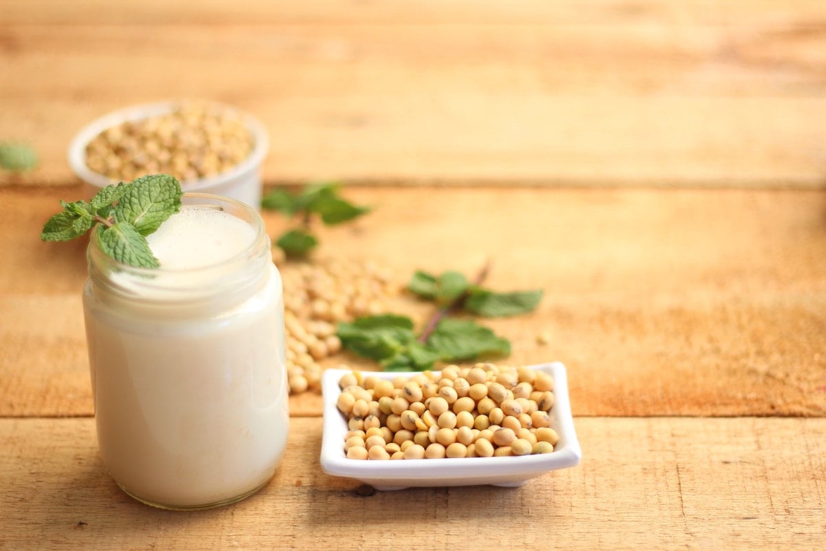 Soy milk glass on wooden table