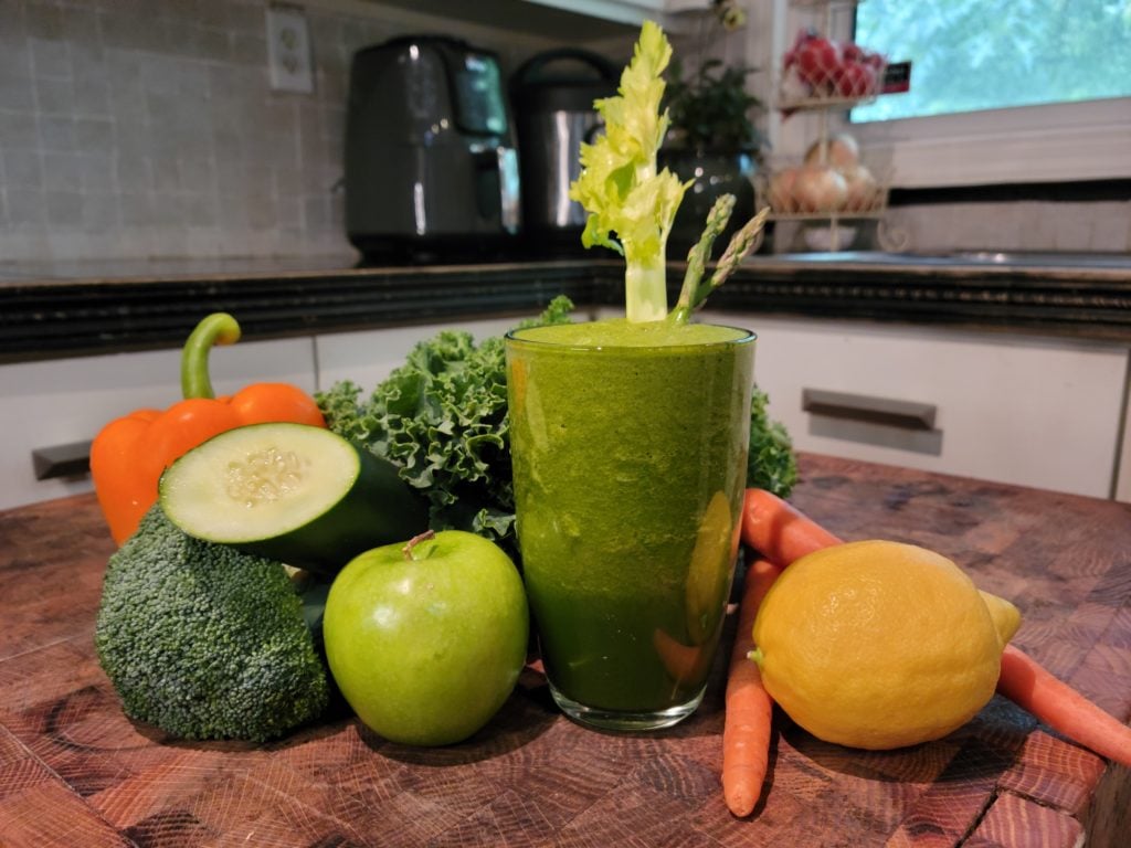 Green smoothie made in the Nutri Ninja Pro.