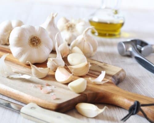 Bulbs of garlic, garlic press and olive oil