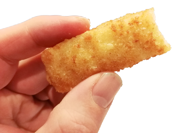 Holding a microwaved fish finger on isolated white background