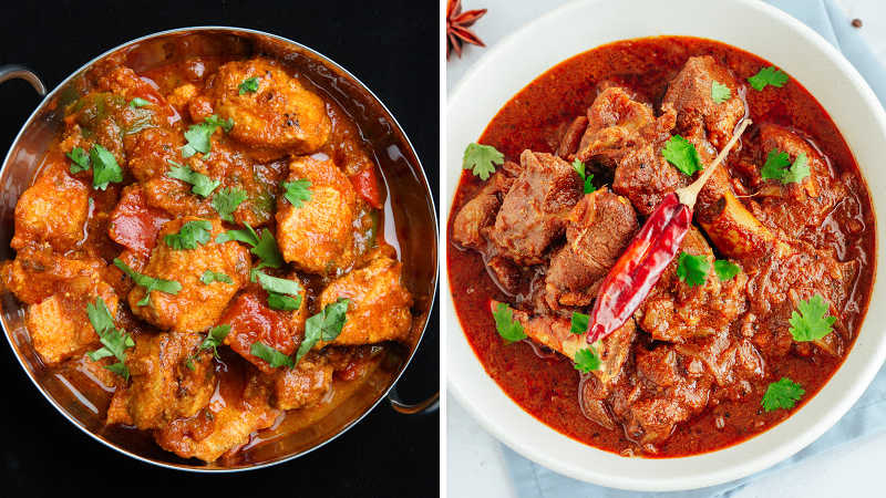 Bowls of Jalfrezi and Vindaloo curry