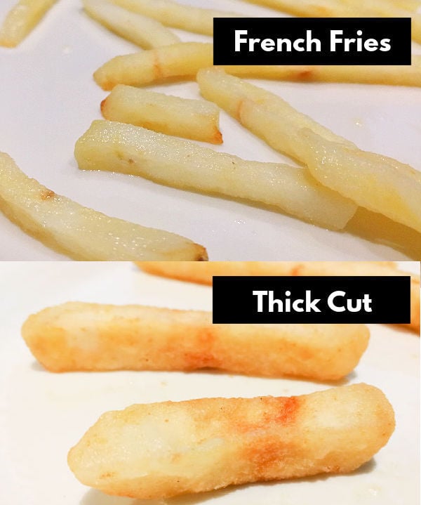 How the thick cut and thin French fries looked after cooking in a microwave