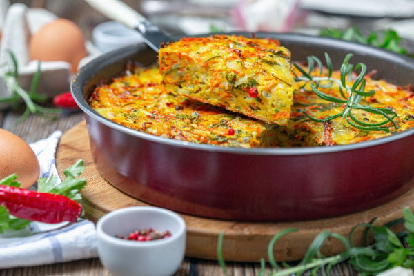 A dish of vegetable kugel