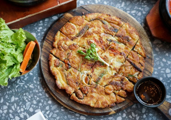 Kimchi pancake on a board