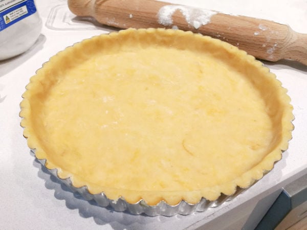 Shortcrust pastry lining a tart pan
