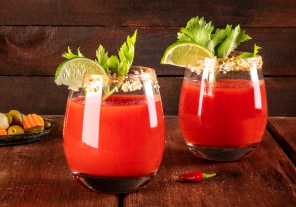 Two spicy Bloody Mary cocktails