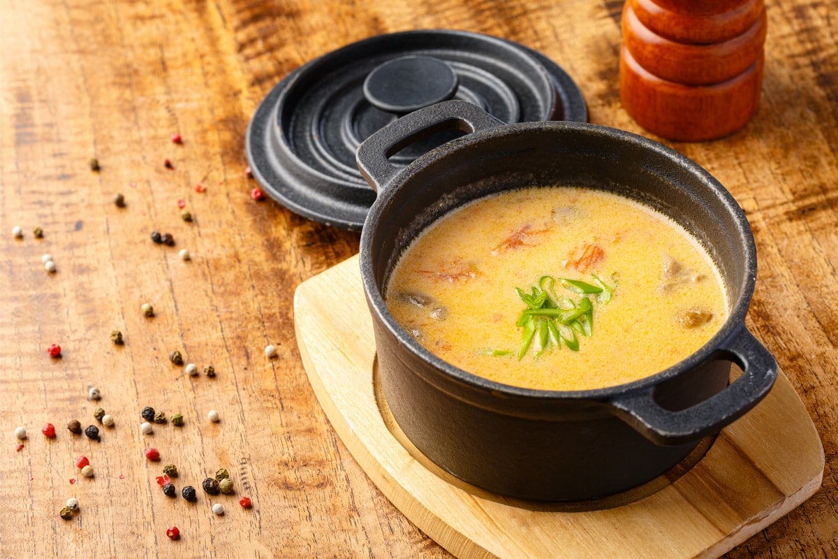 cast iron sauce pot with soup