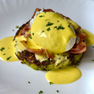 Keto Eggs Benedict With Broccoli Toasts served