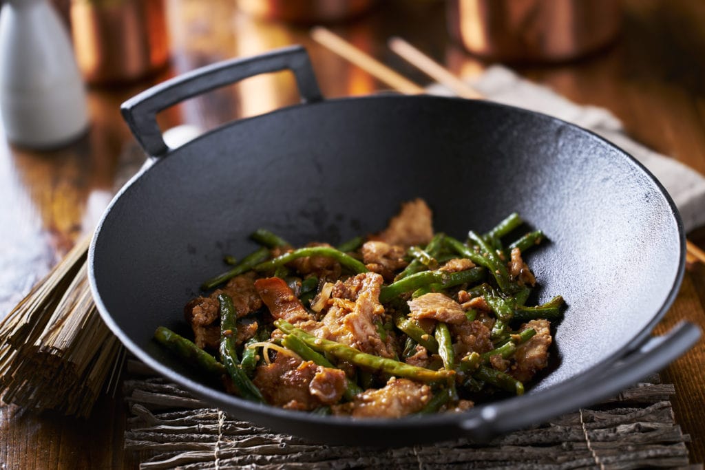 Large Cast Iron Wok Cooking Chicken And String Bean Stir Fry 1024x683